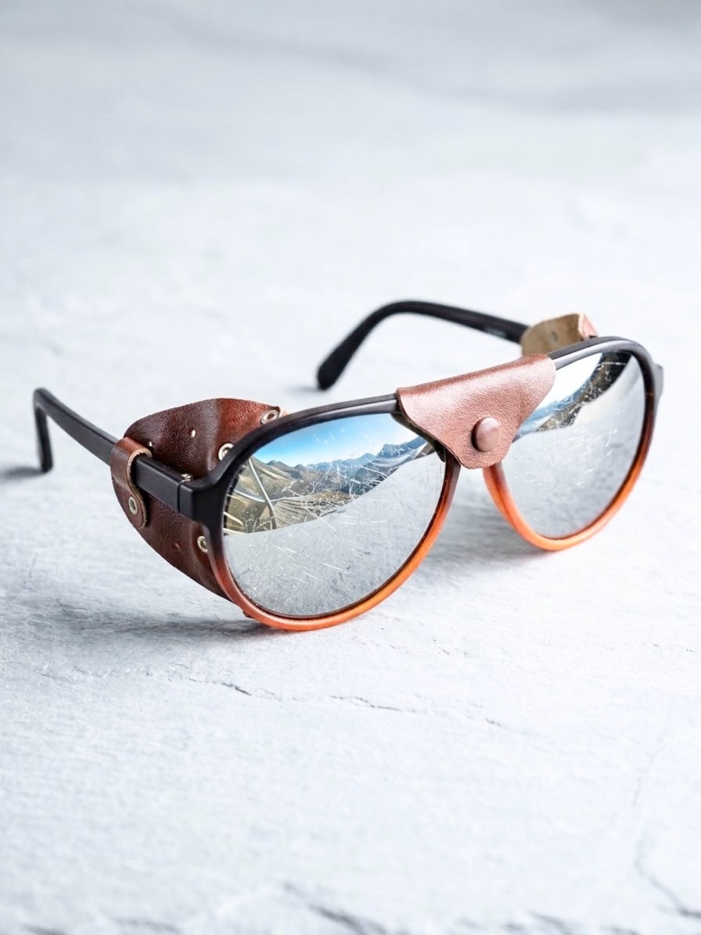Vintage Leather Shield Sunglasses black brown orange Unisex 80s